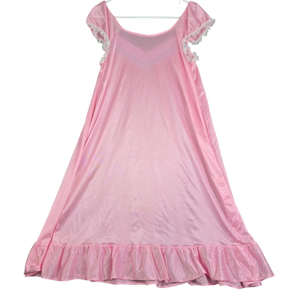 Vintage Pink Nylon Nightgown Womens Medium Pink‎ Lace Trim Ruffle Hem Sleepwear